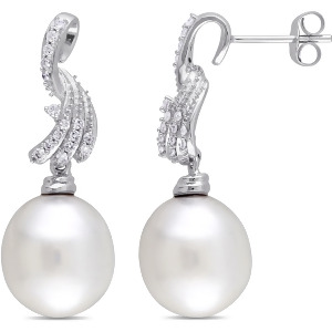 Drop Pearl and Diamond Dangle Earrings 14k White Gold 0.25ct - All