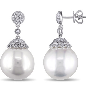 Round Pearl and Diamond Dangling Earrings 14k White Gold 0.50ct - All