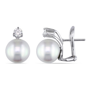 Round Pearl and Diamond Stud Earrings 14k White Gold 0.40ct - All
