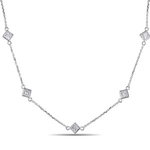 Princess Diamond Station Necklace 14k White Gold 1.25ct - All