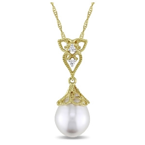 Rice Pearl and Diamond Drop Pendant Necklace 14k Yellow Gold 0.03ct - All