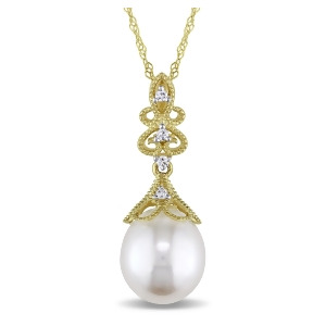 Rice Pearl and Diamond Drop Pendant Necklace 14k Yellow Gold 0.05ct - All