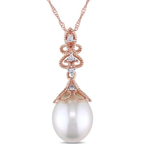 Rice Pearl and Diamond Drop Pendant Necklace 14k Rose Gold 0.05ct - All