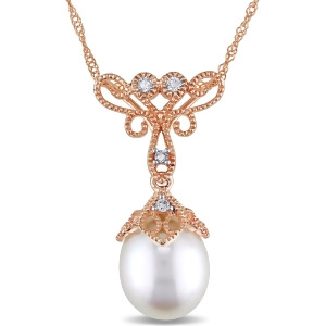 Rice Pearl and Diamond Drop Pendant Necklace 14k Rose Gold 0.05ct - All