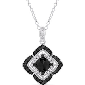 Cushion Black Diamond and Round White Diamond Pendant Silver 1.33ct - All