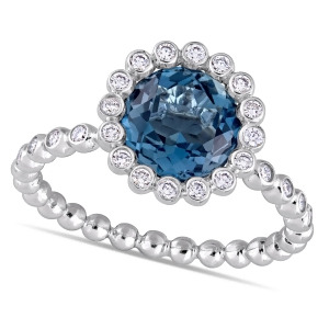 Round Blue Topaz and Diamond Halo Fashion Ring 14k White Gold 2.55ct - All