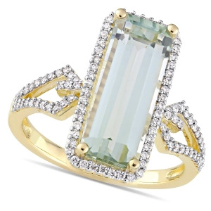 Octagon Green Amethyst and Diamond Halo Ring 14k Yellow Gold 3.60ct - All
