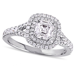 Asscher and Round Diamond Halo Engagement Ring 14k White Gold 1.20ct - All