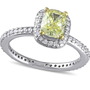 Cushion Yellow and Round White Diamond Halo Ring 14k Two-tone Gold 1.35ct - All