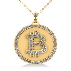 Small Diamond Bitcoin Pendant Necklace 14k Yellow Gold 0.38ct - All