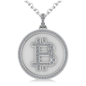 Large Diamond Bitcoin Pendant Necklace 14k White Gold 1.21ct - All