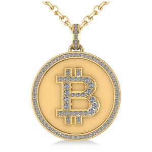 Large Diamond Bitcoin Pendant Necklace 14k Yellow Gold 1.21ct - All