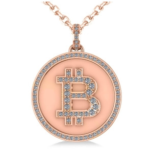 Large Diamond Bitcoin Pendant Necklace 14k Rose Gold 1.21ct - All