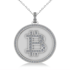 Small Diamond Bitcoin Pendant Necklace 14k White Gold 0.38ct - All
