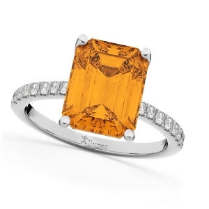 Emerald-cut Citrine and Diamond Engagement Ring 14k White Gold 2.96ct - All