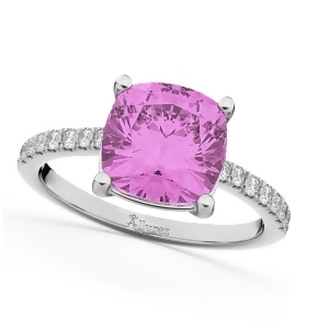 Cushion Cut Pink Sapphire and Diamond Engagement Ring 14k White Gold 2.81ct - All