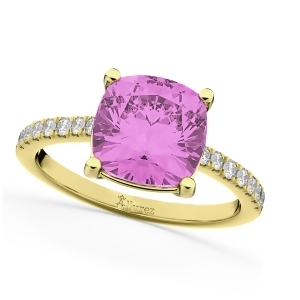 Cushion Cut Pink Sapphire and Diamond Engagement Ring 14k Yellow Gold 2.81ct - All
