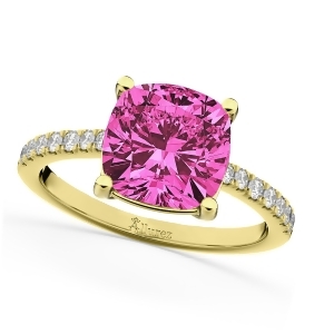 Cushion Cut Pink Tourmaline and Diamond Engagement Ring 14k Yellow Gold 2.81ct - All