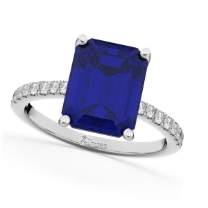Emerald Cut Blue Sapphire and Diamond Engagement Ring 14k White Gold 2.96ct - All