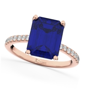 Emerald Cut Blue Sapphire and Diamond Engagement Ring 14k Rose Gold 2.96ct - All