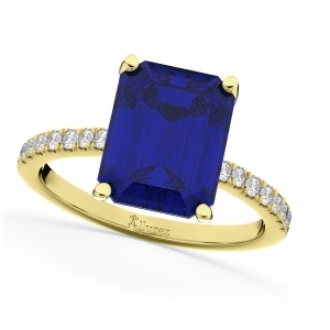 Emerald Cut Blue Sapphire Diamond Engagement Ring 18k Yellow Gold 2.96ct - All
