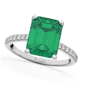 Emerald Cut Emerald and Diamond Engagement Ring 18k White Gold 2.96ct - All