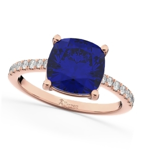 Cushion Cut Blue Sapphire and Diamond Engagement Ring 14k Rose Gold 2.81ct - All