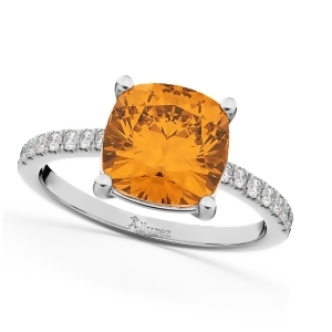 Cushion Cut Citrine and Diamond Engagement Ring 14k White Gold 2.81ct - All