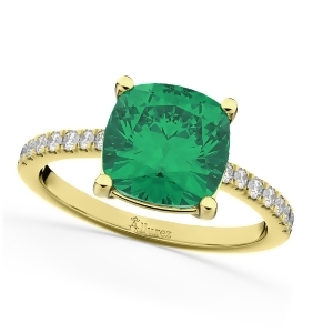 Cushion Cut Emerald and Diamond Engagement Ring 14k Yellow Gold 2.81ct - All