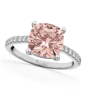 Cushion Cut Morganite and Diamond Engagement Ring 14k White Gold 2.81ct - All