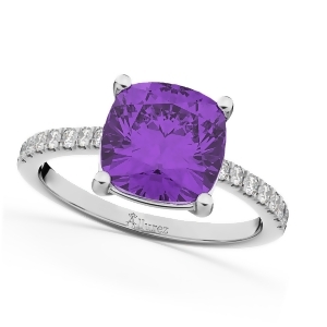 Cushion Cut Amethyst and Diamond Engagement Ring 14k White Gold 2.81ct - All