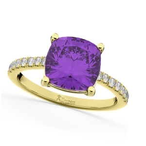 Cushion Cut Amethyst and Diamond Engagement Ring 14k Yellow Gold 2.81ct - All