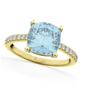 Cushion Cut Aquamarine and Diamond Engagement Ring 14k Yellow Gold 2.81ct - All