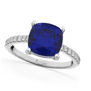 Cushion Cut Blue Sapphire and Diamond Engagement Ring 14k White Gold 2.81ct - All
