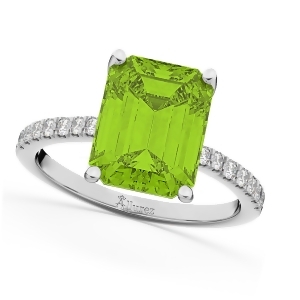 Emerald-cut Peridot and Diamond Engagement Ring 14k White Gold 2.96ct - All