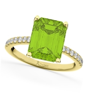 Emerald-cut Peridot Diamond Engagement Ring 18k Yellow Gold 2.96ct - All