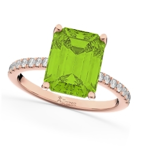 Emerald-cut Peridot Diamond Engagement Ring 18k Rose Gold 2.96ct - All
