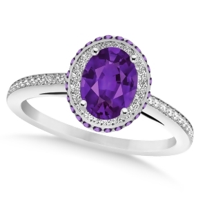 Oval Amethyst and Diamond Halo Engagement Ring 14k White Gold 1.75ct - All