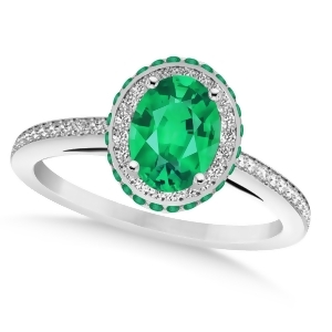 Oval Emerald and Diamond Halo Engagement Ring 14k White Gold 1.76ct - All