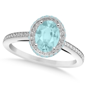 Oval Aquamarine and Diamond Halo Engagement Ring 14k White Gold 1.60ct - All