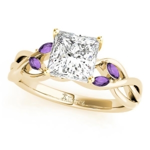 Twisted Princess Amethysts Vine Leaf Engagement Ring 18k Yellow Gold 1.50ct - All