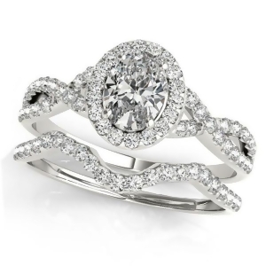 Twisted Oval Diamond Engagement Ring Bridal Set 18k White Gold 1.57ct - All