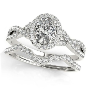 Twisted Oval Diamond Engagement Ring Bridal Set 18k White Gold 1.07ct - All