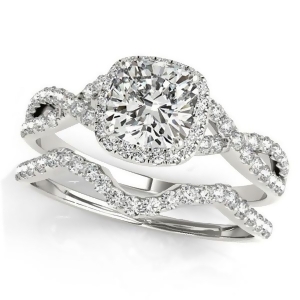 Twisted Cushion Diamond Engagement Ring Bridal Set 18k White Gold 1.57ct - All