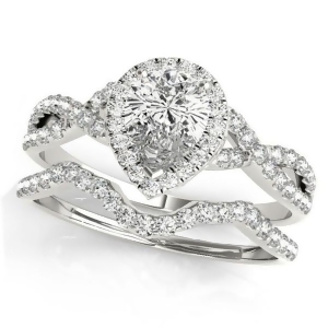 Twisted Pear Diamond Engagement Ring Bridal Set 14k White Gold 1.07ct - All