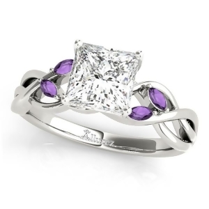 Twisted Princess Amethysts Vine Leaf Engagement Ring 18k White Gold 0.50ct - All