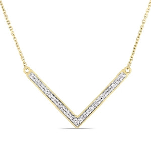 Diamond V Shaped Pendant Necklace 14k Yellow Gold 0.14ct 17 Inch - All