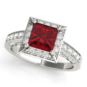 Princess Ruby and Diamond Engagement Ring 14K White Gold 2.20ct - All