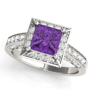 Princess Amethyst and Diamond Engagement Ring 18K White Gold 1.20ct - All