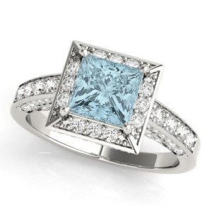 Princess Aquamarine and Diamond Engagement Ring 14K White Gold 1.20ct - All